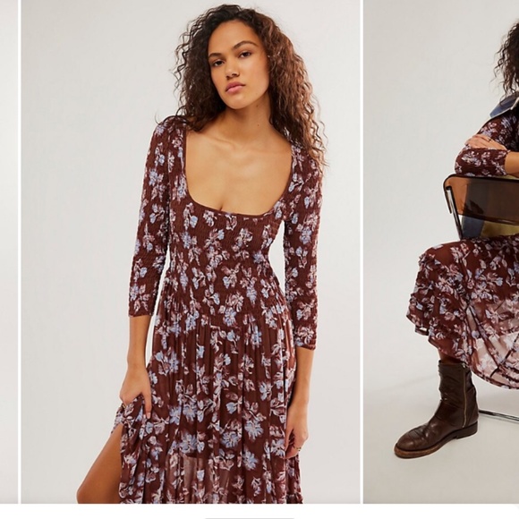 Free People Starlit Nights MIDI Dress Smocked Sheer Slip Floral Medium Med M FP - Picture 8 of 8